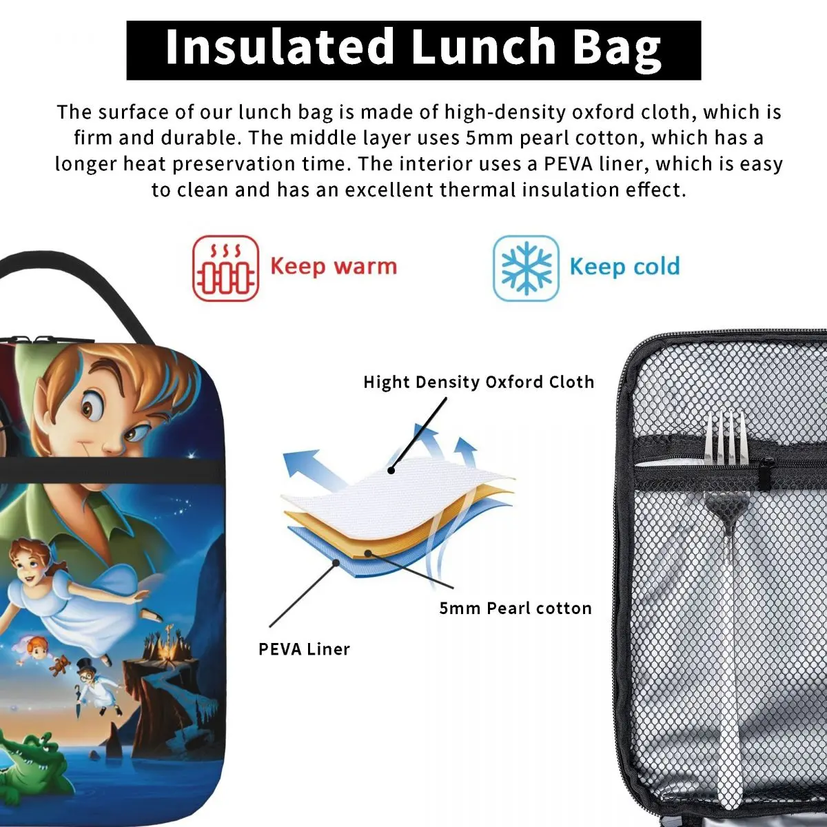 بيتر بان الكرتون معزول أكياس الغداء للسفر الشهيرة قصة خرافية الغذاء حقيبة التخزين المحمولة الحرارية برودة صناديق الغداء