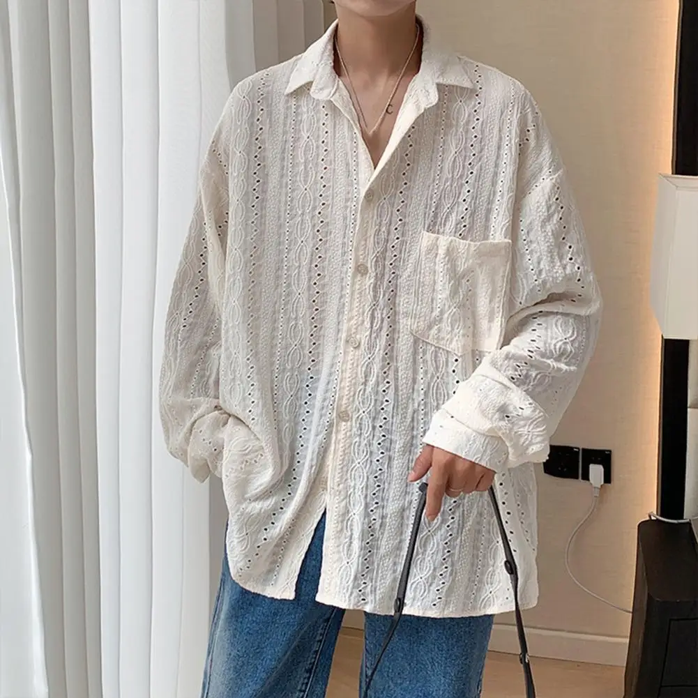 

Shirts for Men Hollow Out Lapel Single-breasted Loose Blouse Solid Color Long Sleeves Retro Hip Hop Top Male Mesh Shirts