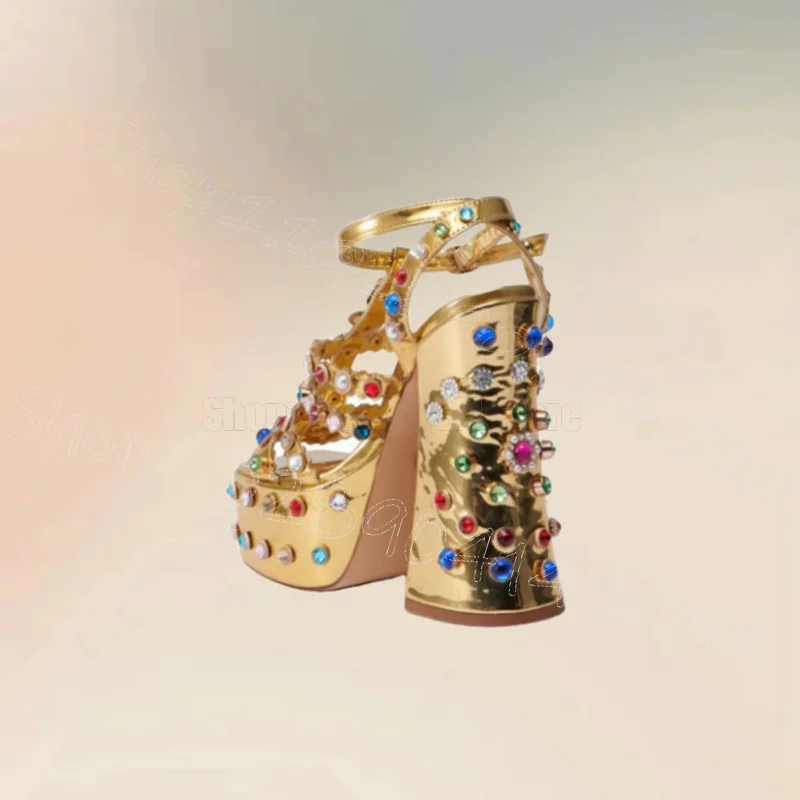Kleurrijke Kristal Goud Open Teen Platform Sandalen Gesp Vrouwen Schoenen Dikke Hoge Hakken Party Feast 2025, Zapatos Para Mujere