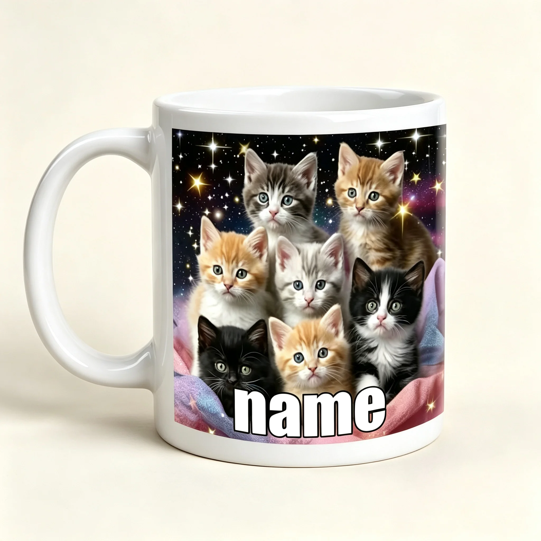 Personalized White Coffee Mug Cute Kitten Galaxy Print Tea Cup Custom Name Drinkware for Cat Lovers Home Office Use