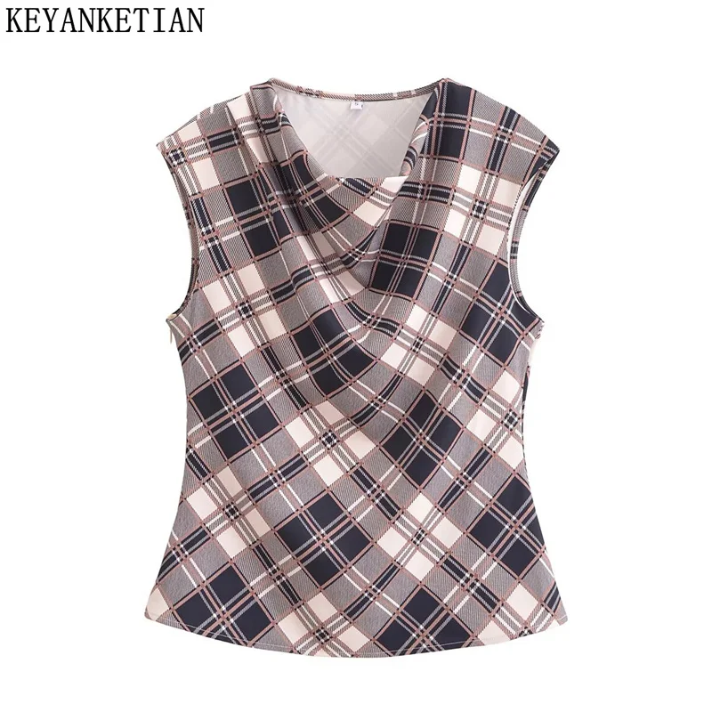 

KEYANKETIAN Summer New Women's Argyle Plaid Sleeveless Top Retro style Side Zipper Slim Swinging collar Shirt Blouse Pullover