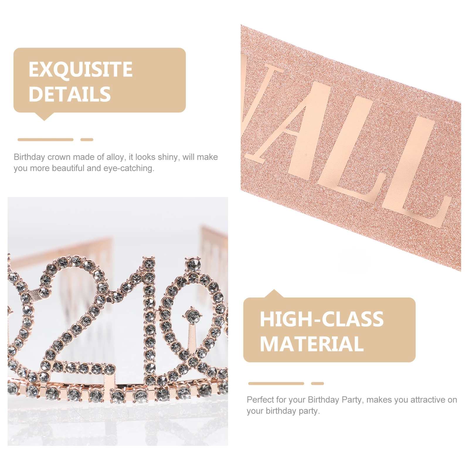 

Crystal Birthday Party Etiquette Miss Crown Decorations Gold Powder Cloth Sash 21st Women Girl Tiara Celebration Accessories