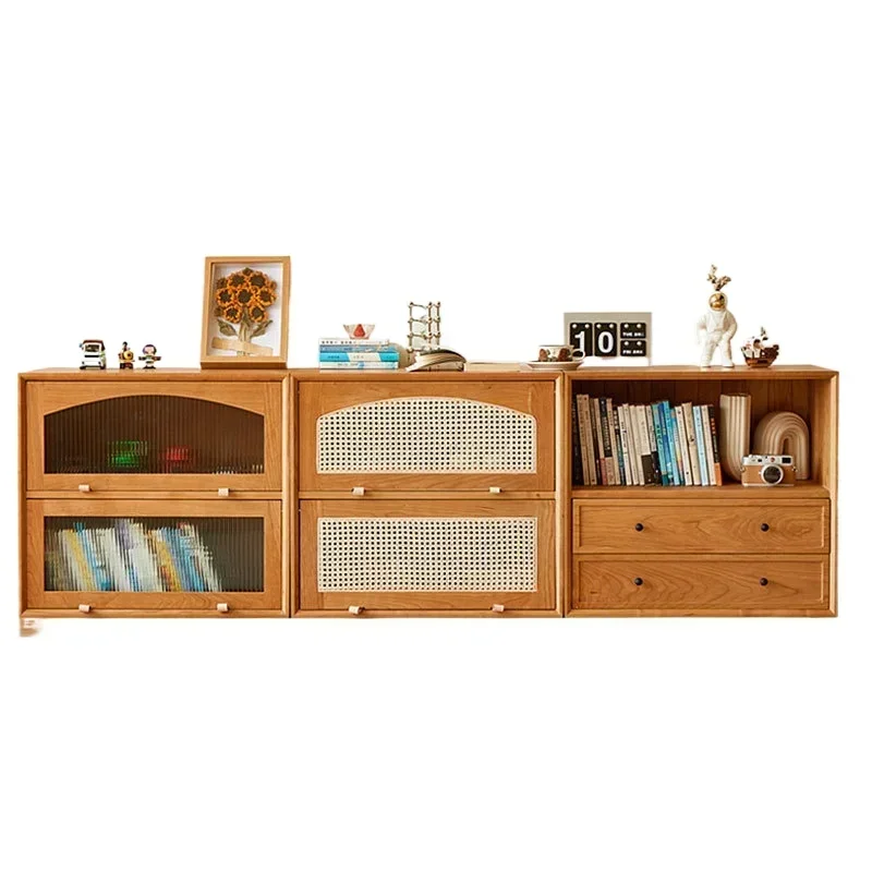 North American all solid wood bookcase side cabinet cherry wood Japanese living room storage cabinet glass door lattice