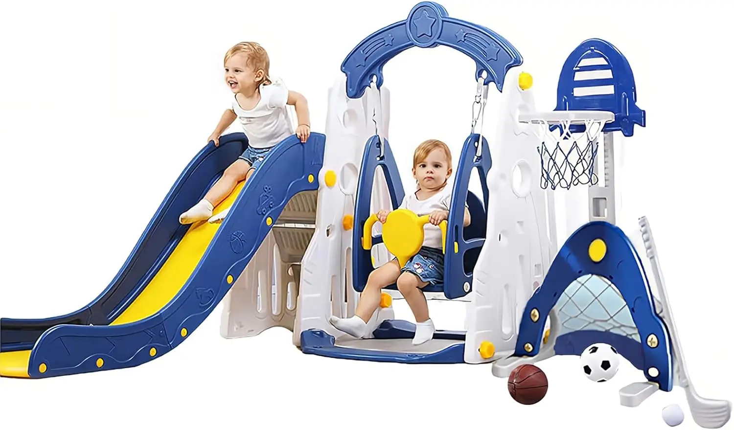 

Slide and Swing Set with Basketball Hoop,Football Gate and Golf Set for Indoor