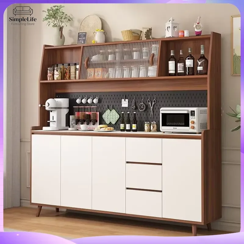 Solid Wood Dining Sideboard Cabinet with Glass Doors Retro French Country Style Kitchen Storage Buffet Table Wall Mounted Bar
