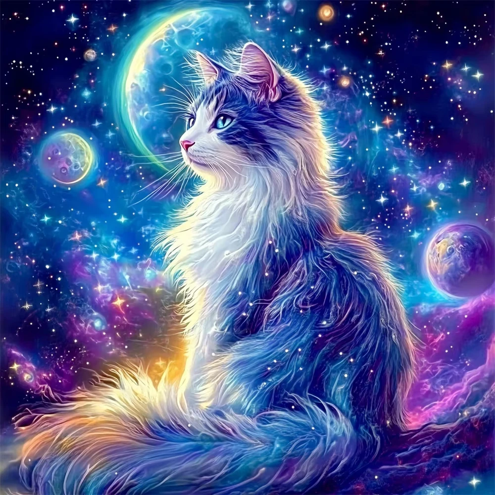 DIY Galaxy Fluffy Cat Diamond Painting Nebula Planet Crescent Moon Mosaic Handmade Art Exquisite Creative Gift Home Decoration