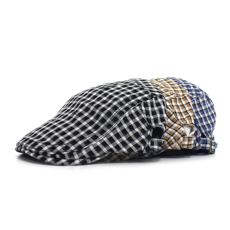 1pc Plaid Check Flat Cap Retro British Ivy Newsboy Cap Adjustable Metal Buckle Soft Beret Hat for Men Gentleman Daily Streetwear