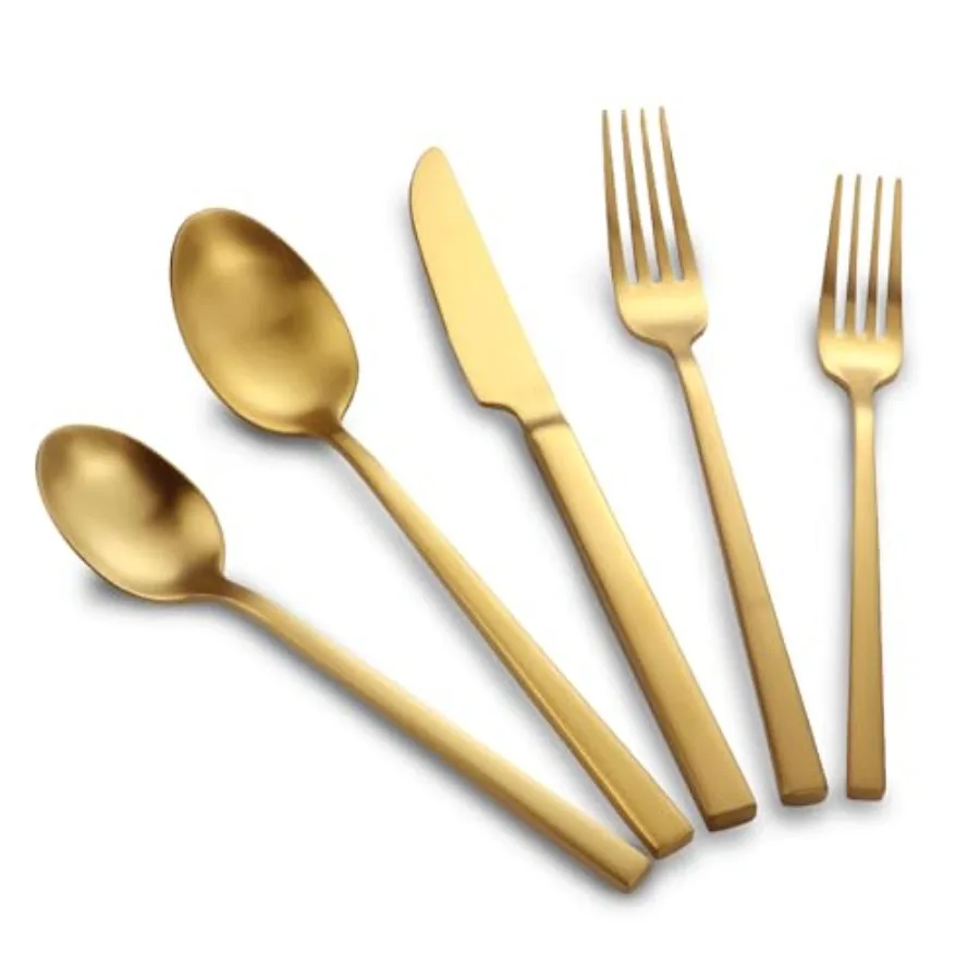 

Stainless Steel Flatware Set Hand Forged 18/10 Silverware Set Cutlery Set Gold Cuboid Handle Matte Finished 20 Pieces Service f