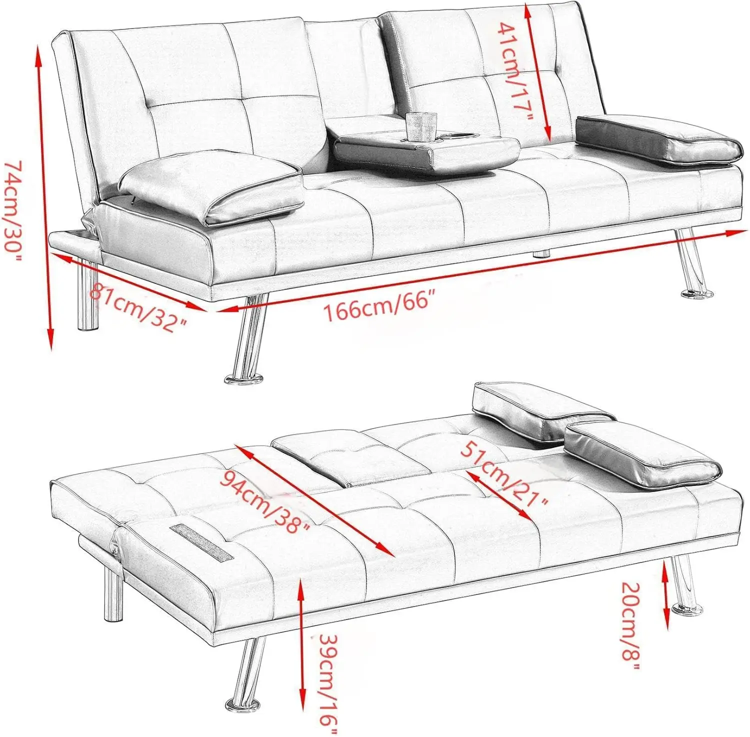 Folding Futon Linen Couch Sleeper Adjustable Sofa Bed for Living Room Stainless Steel Frame and Feet with 2 Cup Holders，