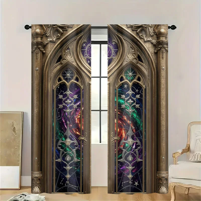 Luxury Gothic Arch Window Curtain Semi Sheer Vintage Damask Drapes Bronze Gold Effect Light Filtering Decorative French Style Ro