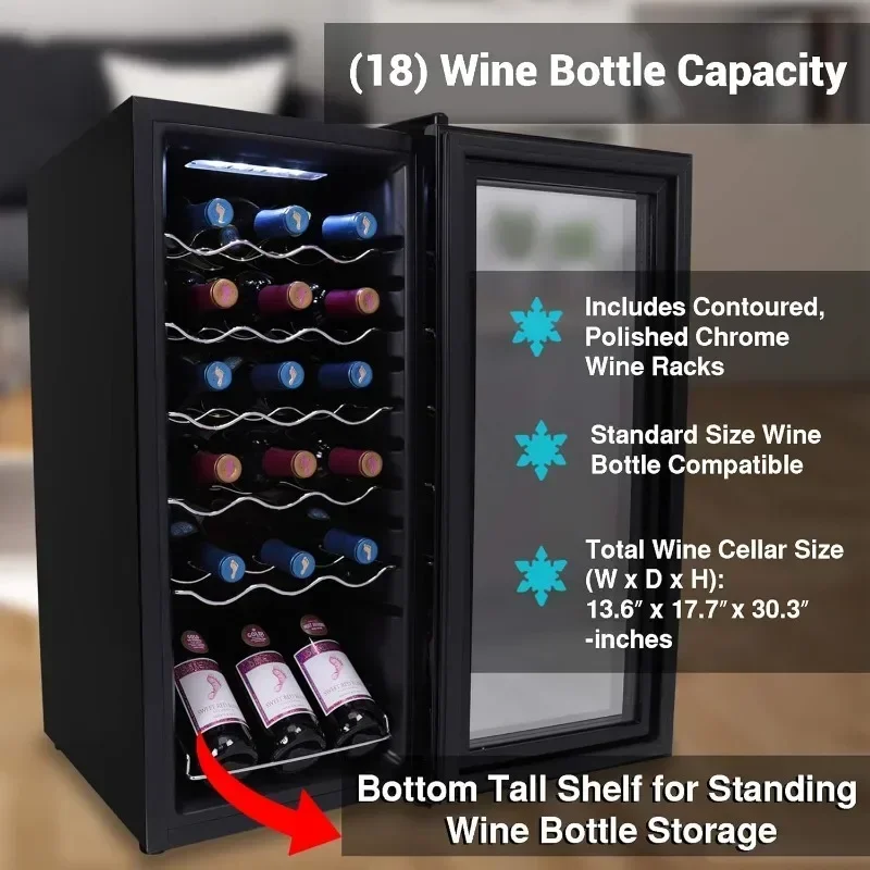 18-Bottle Slim Wine Refrigerator Adjustable Temperature Control 41°F To 64°F Ultra-Quiet Operation 30x13x17 Inches