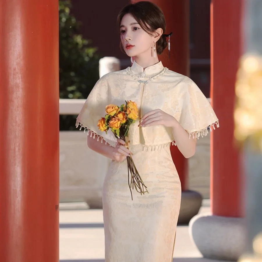 Cheongsam blanco para mujer, primavera y verano, dos piezas, capa, vestido de compromiso de manga corta