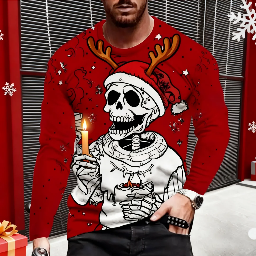 جديد عيد الميلاد نمط الجمجمة الجرافيك تي شيرت للرجال مضحك ملابس منقوشة بكم طويل تيز العصرية ملابس للرجال ربيع الخريف بلايز عادية #4