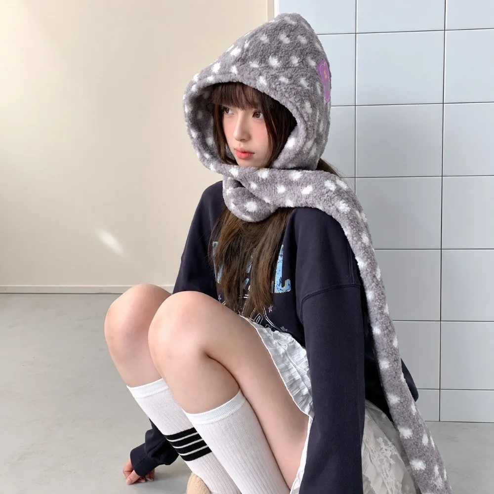 Polka Dot Pattern Balaclava Hat Hat and Scarf in One Long Style Hat Scarf Set Warm Non Choking Ear Protection Hat Winter Season