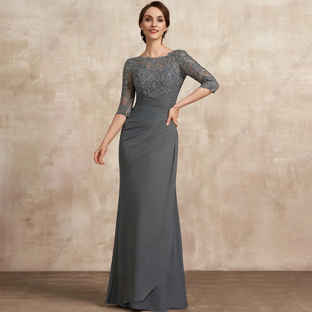 

Grey Three Quarter Mother of Bride Dresses with Lace Sheath Chiffon Scoop Wedding Party Dresses Zipper Back Robe De Soirée 2023