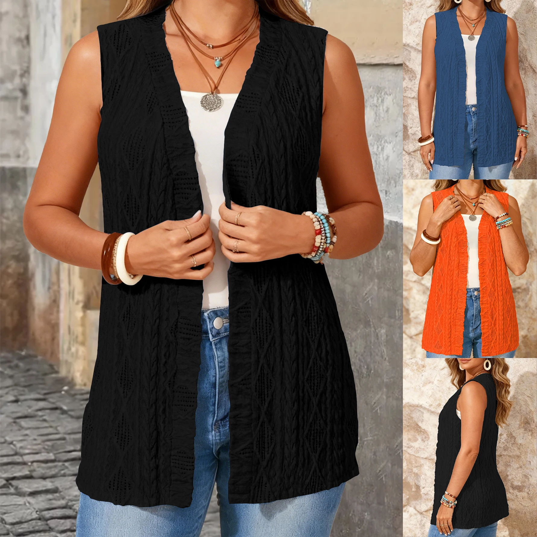 Doorschijnend gebreid mouwloos vest voor dames, lichtgewicht ademende zomerbedekking, effen kleur casual vakantiekleding