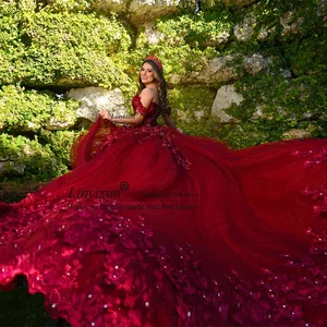 Rote Quinceanera Kleider mit Applikationen Spitze, 3D -Ballkleid, süßes Kleid 16, Kleid aus der Schulter, 15 xv Jahre 12 Hauptverkaufskleider 15 Jahre rot - №8