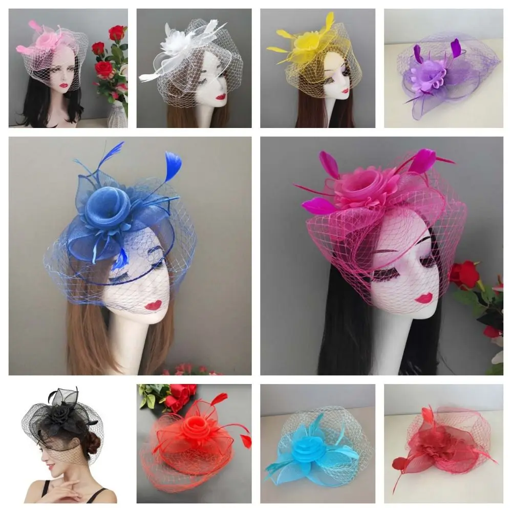 Hairbands Feather Mesh Fascinator Hat Bow Elegant Veil Hat Headwear Exquisite Hair Hoop Bride Headband Wedding