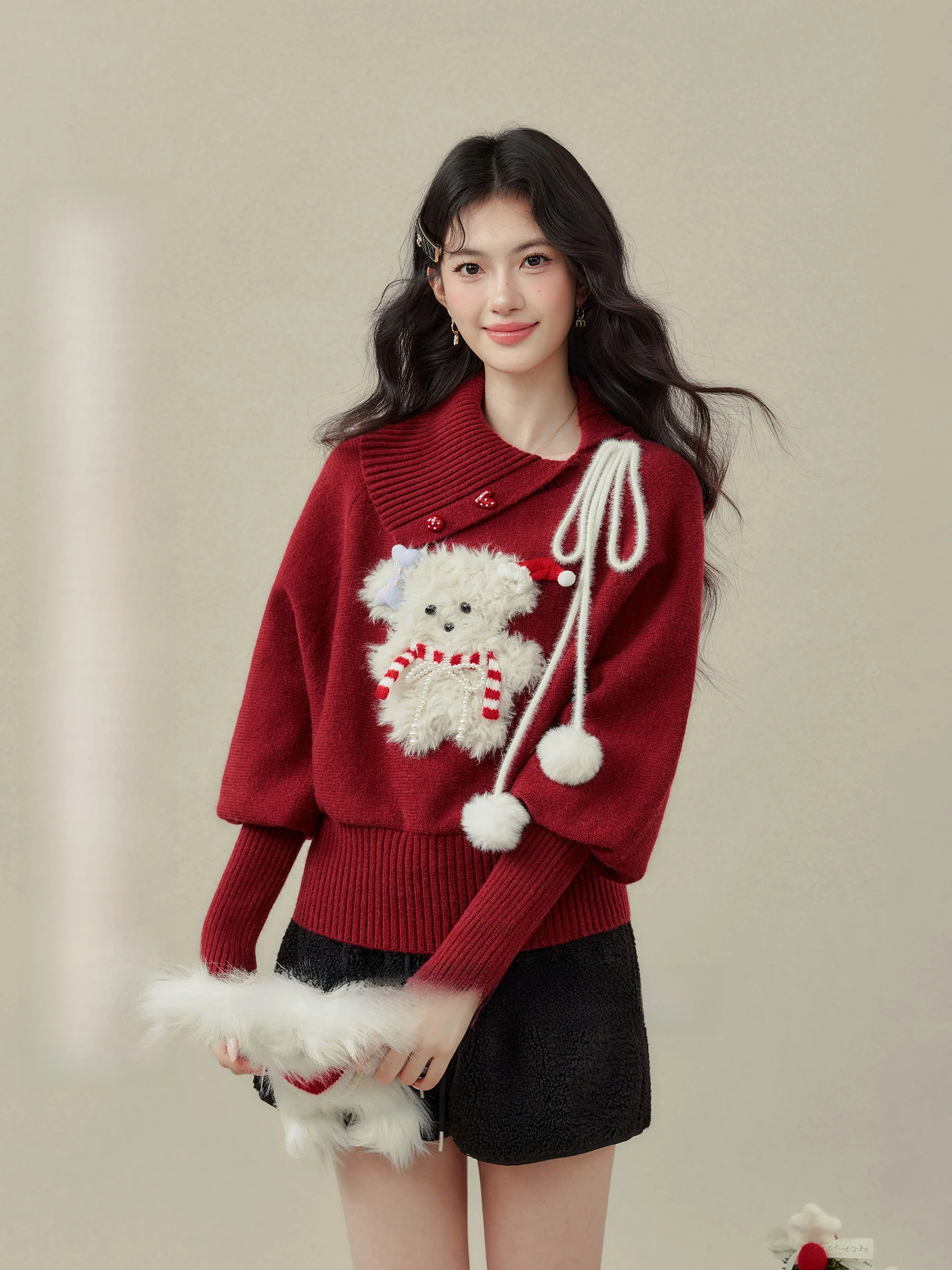 

Cisas Dog Print Knit Sweater Red f High Collar Coat Sle Fatter Women's Faionable Winter Casual Long Sve Top