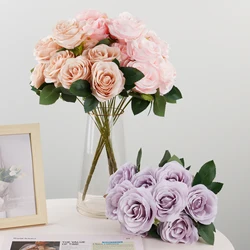 9 Heads Artificial Flower Silk Rose white Eucalyptus leaves Peony Bouquet Fake Flower for Wedding Table Party Vase Home Decor