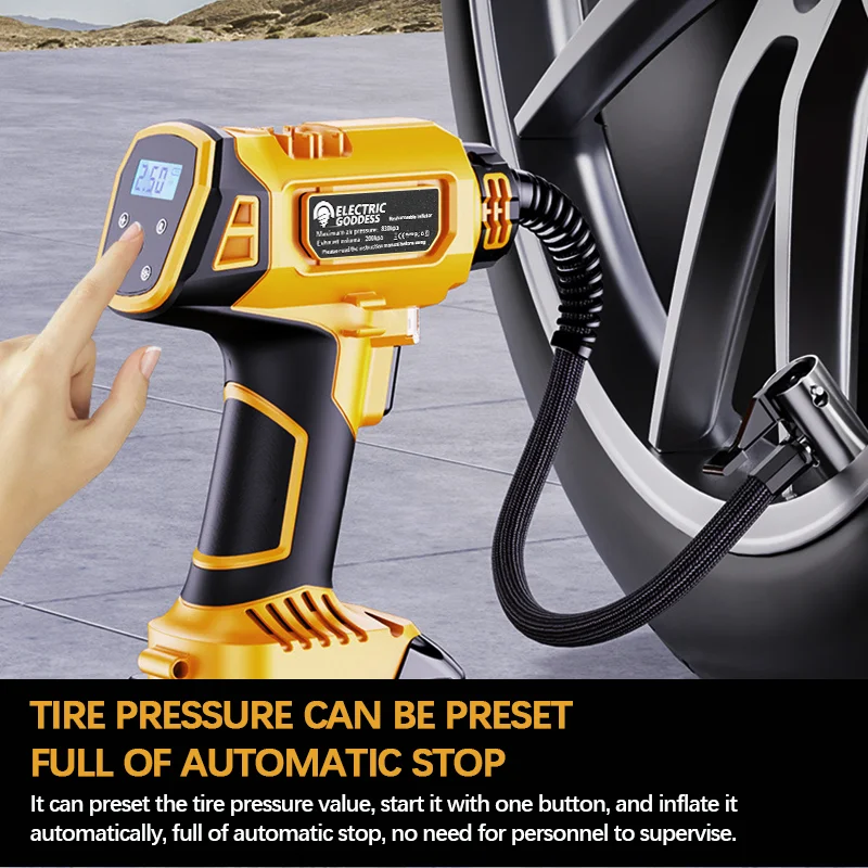 830kpa Cordless Yellow Air Pump Car Tire Air Pump Digital Display Equipped With Led Light For Dewalt 20v Battery