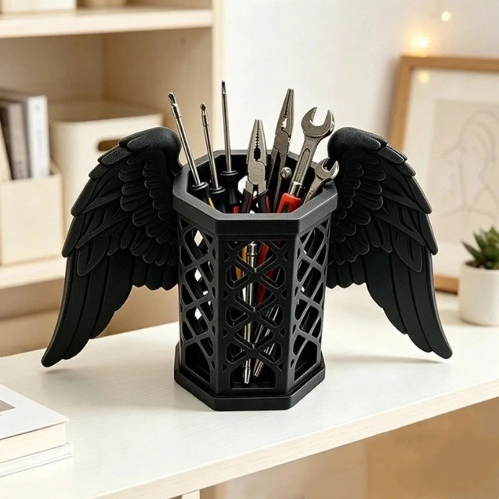 Desktop Angel Wing Ornament Plastic Angel Wings Pen Holder Hollow Stable 3D Printed Pen Stand Decorative Desk Organizer Bedroom