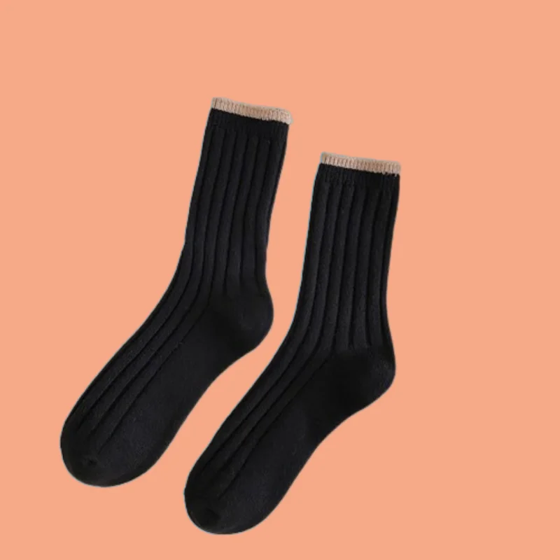 3/6 Pairs Thick Warm Japanese Vertical Striped Stacked Socks Solid Color Women's Autumn and Winter Middle Socks New Wool Socks