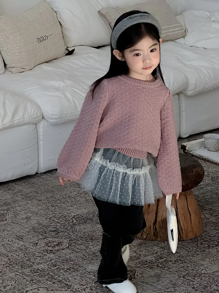 Children Clothing 2024 Korean Girls Versatile Lace Fart Curtain Children Elastic Waist Outer Wear Skirt Curtain