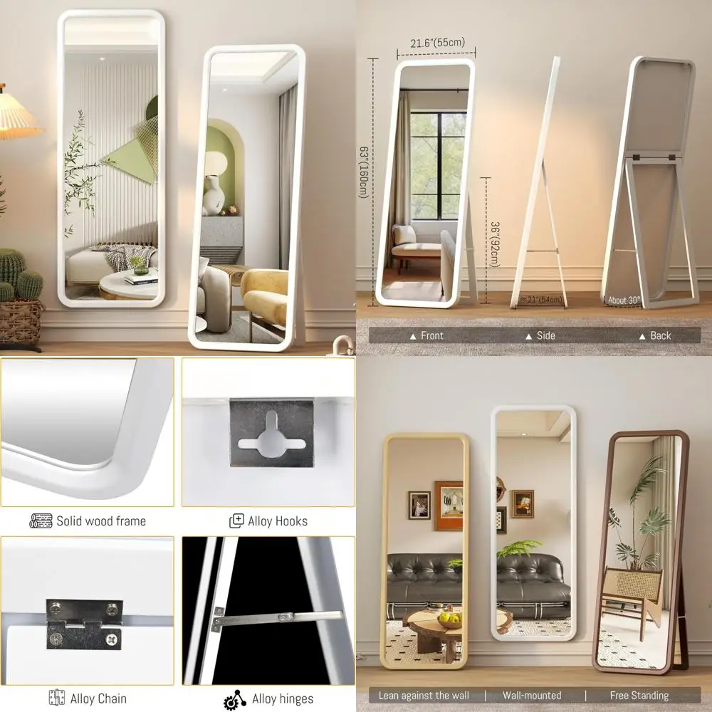 Large Solid Wood Floor Standing Full Length Mirror with Wall Mount Option, Free Standing Wooden Frame Body Mirror for Home Decor