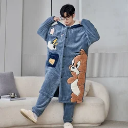 Winter Coral Velvet Cartoon Flannel Thickened Fleece Teen Nightgown Homewear Hoodie Set Cosy Thermal Pajamas Both Men Women