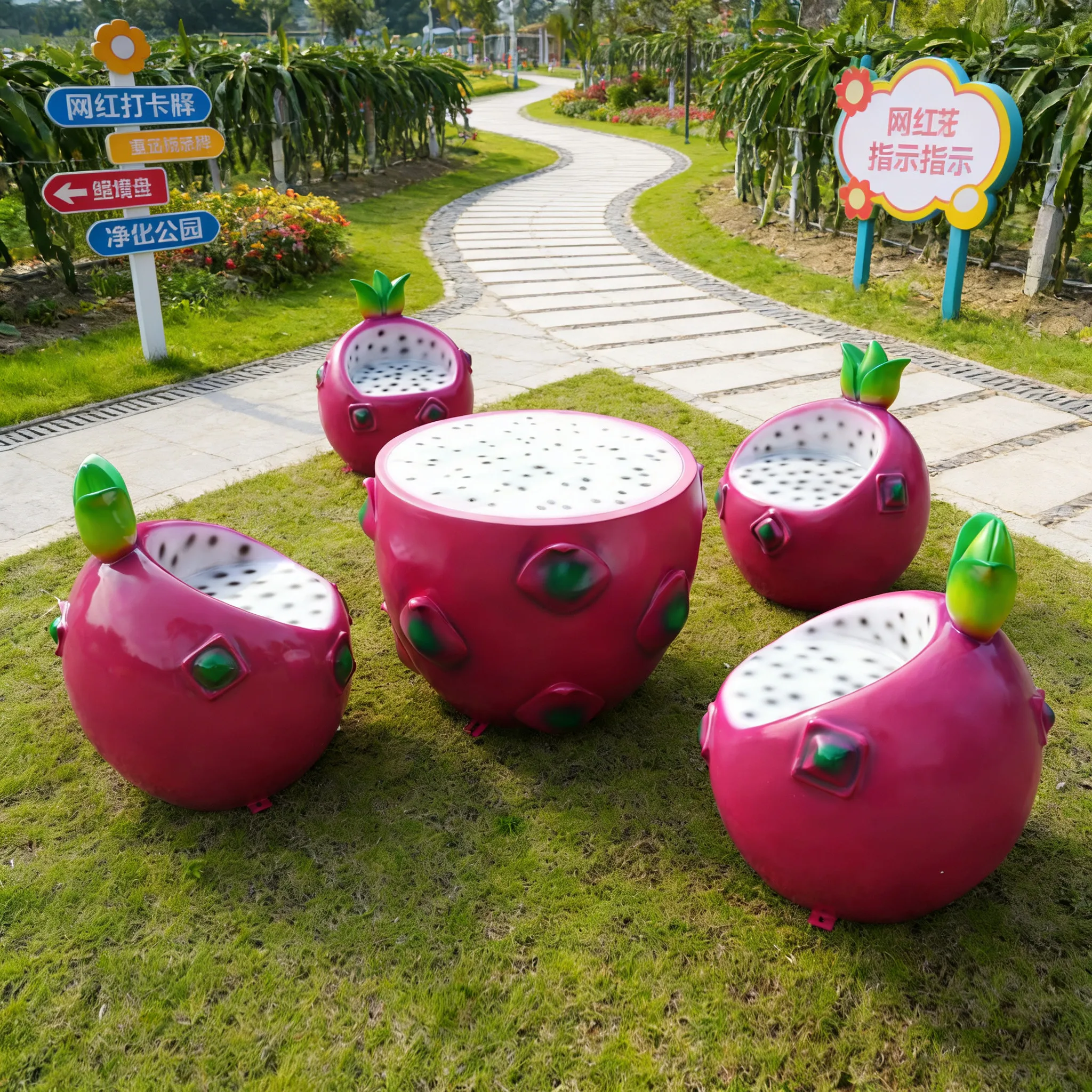 Creative fruit theme leisure seat sculpture, fiberglass fruit modeling table and chair decoration