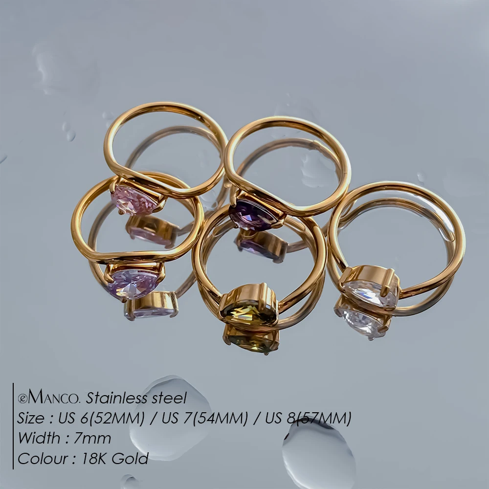 EMANCO  Sparkling Luxury Water Drop Shaped Cubic Zirconia Stainless Steel Women's Ring 18K Gold Plated Waterproof Jewelry Gift