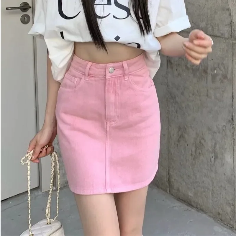 Pink Denim Skirt For Women High-Waisted Slimming Casual Style Mini Dress 2022 Summer New Arrival Petite Versatile A- Line