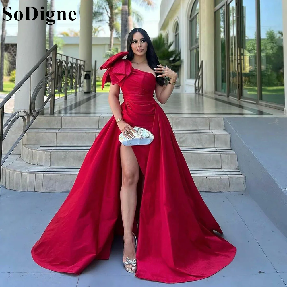 

SoDigne Saudi Arabia Elegant One-shoulder Satin Prom Dresses 3D Flower High Split Lace-up Women Evening Gown for Celebrity Party