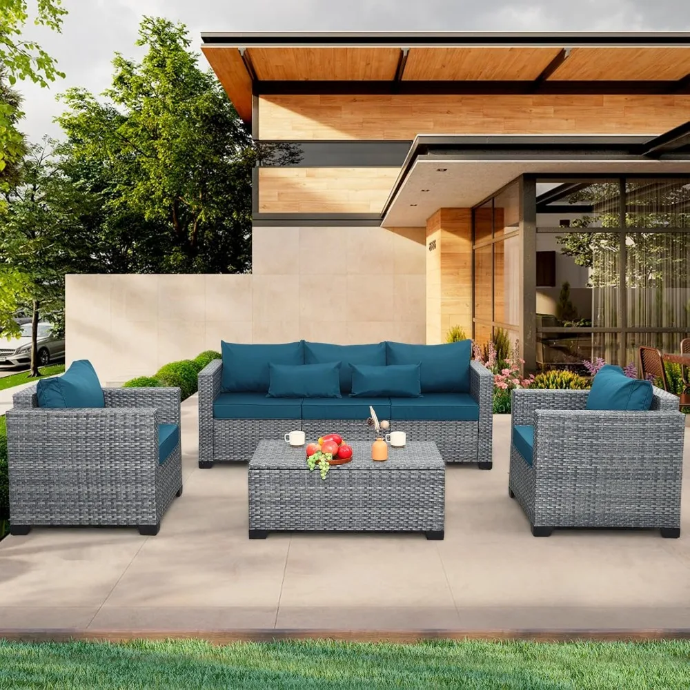 

4 Piece Wicker Patio Furniture Sets Outdoor Conversation Set PE Rattan Sectional Sofa Couch with Storage Table and Peacock Blue