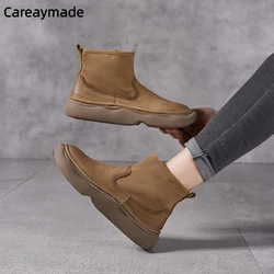 Careaymade-oryginalne skórzane buty damskie z grubą podeszwą, okrągła główka boczny zamek błyskawiczny damskie krótkie buty modne retro buty ze skóry wołowej