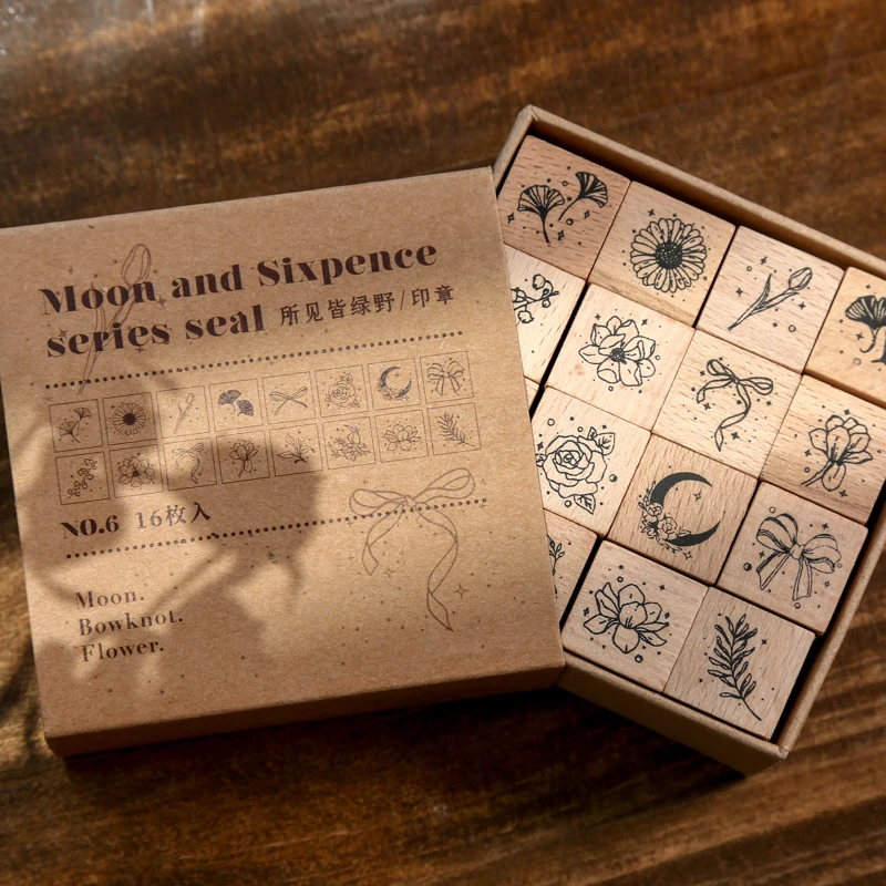 16Pcs Plant Wooden Seal Handmade DIY Decorative Materials Envelopes Greeting Cards Printing Tools Student Supplies