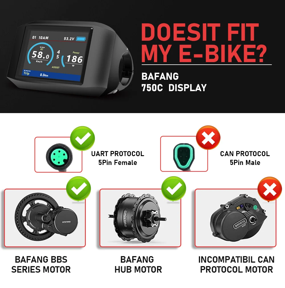 Bafang Electric Bike Display 750C Ebike Intelligent LCD Screen for BAFANG BBS Mid Drive Motor Bicycle ebike Computer UART