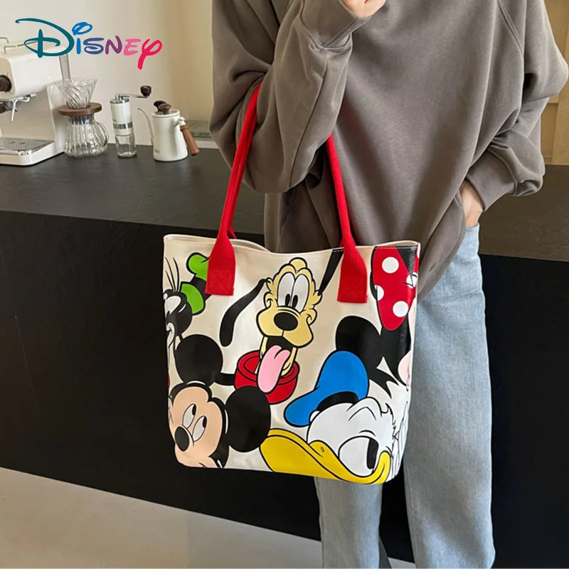 Bolso de lona versátil de gran capacidad con dibujos de Mickey de Disney para mujer, bolso de mano informal y versátil, bolso de clase para estudiante