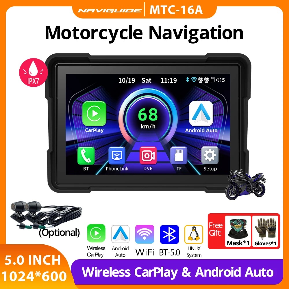 

NAVIGUIDE 5,0 дюймов 1024*600 Linux система беспроводной Carplay Android Auto IPX7 водонепроницаемый GPS мотоциклетный навигационный монитор