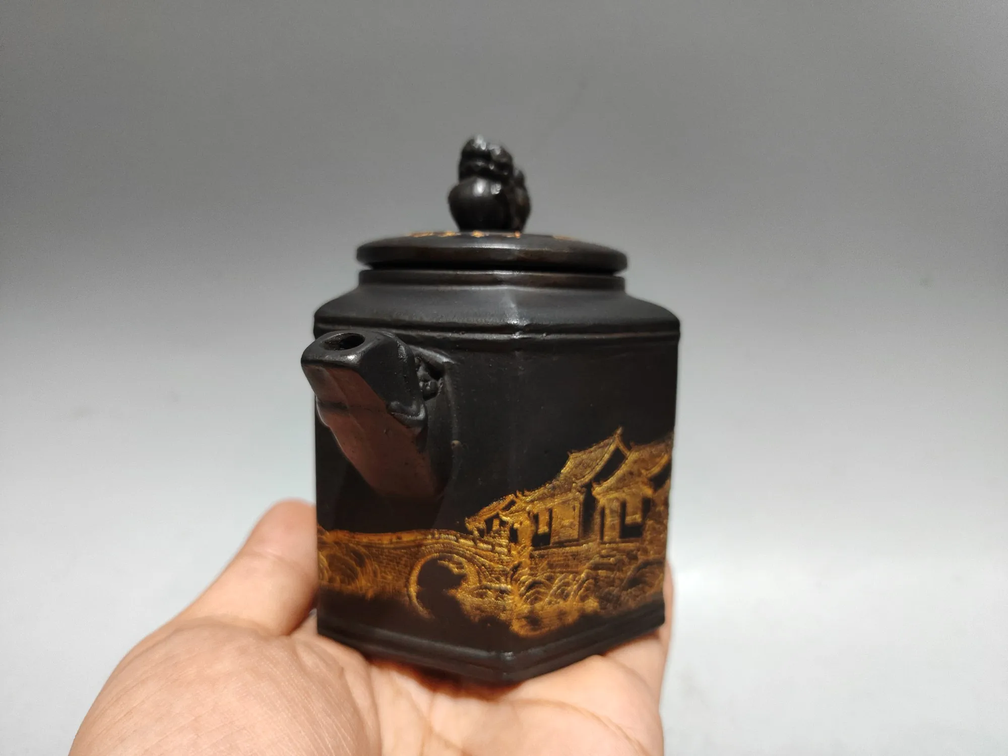 Old Chinese Handicraft Enameled YiXing Zisha (red stoneware) Teapot,scenery,#01,with mark, Free shipping