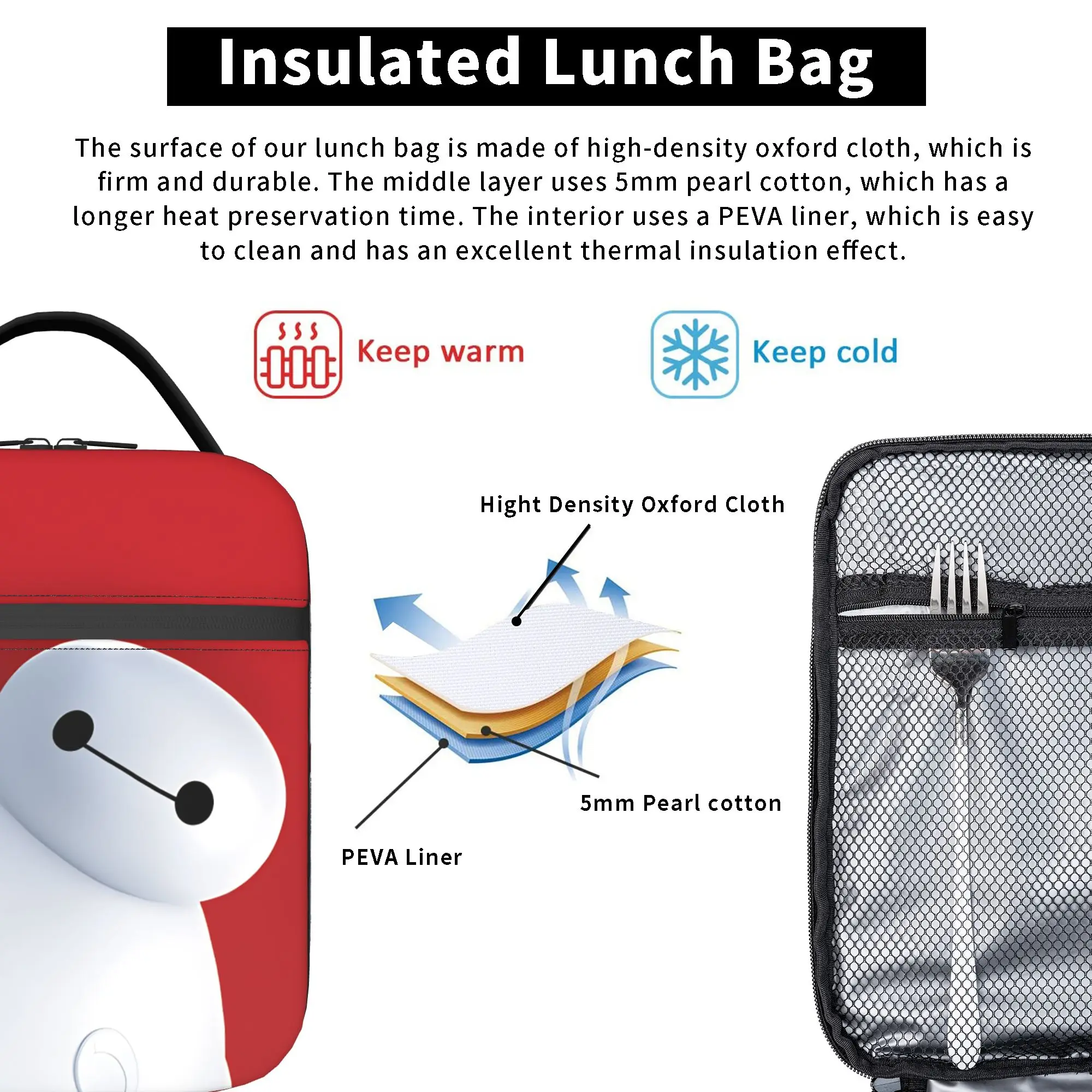 Big Hero 6 Baymax Lunch Bag Office Tragbare Thermo-Tragetaschen für Mädchen, wasserdichte Designer-Kühltasche – Detail 5