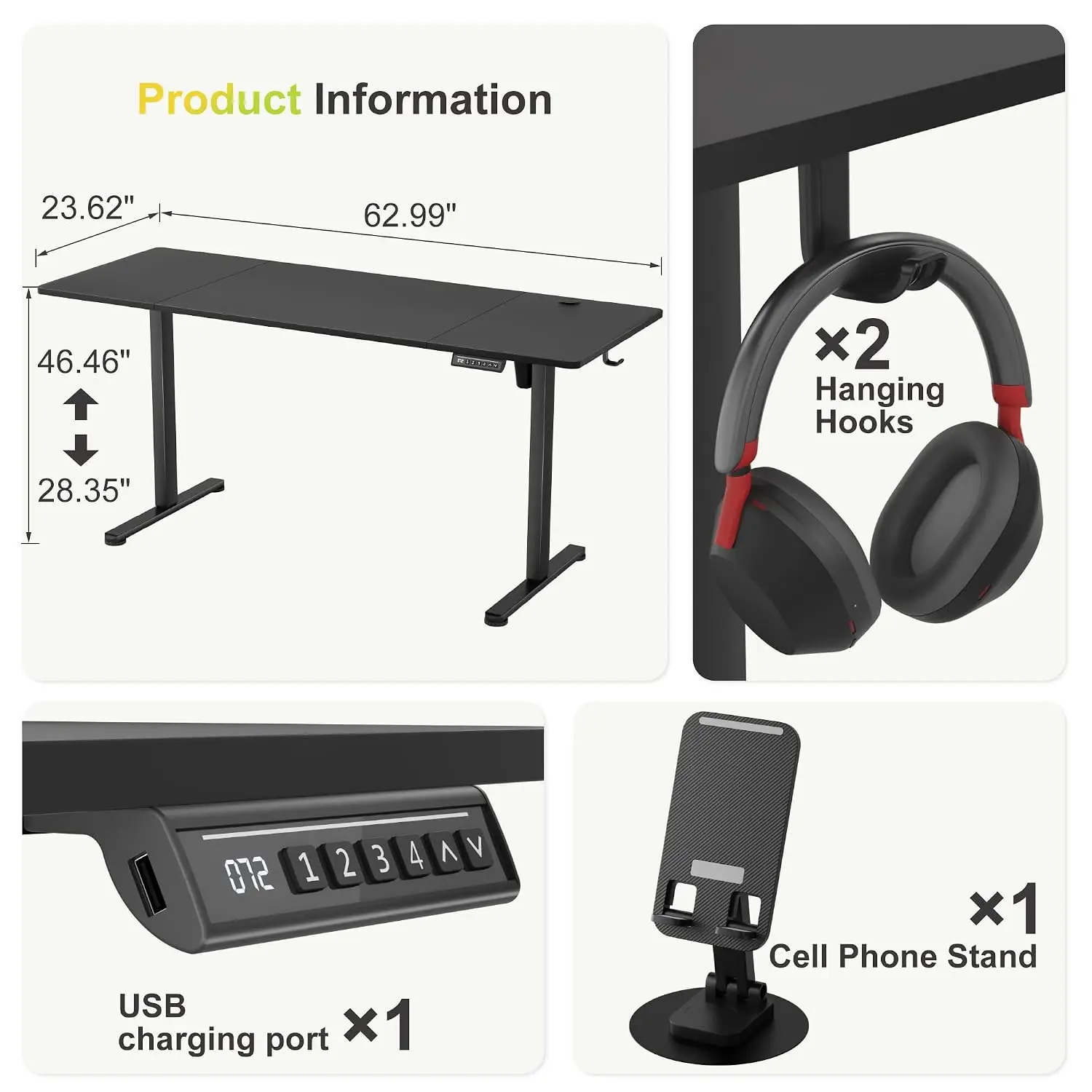 63 Inch Electric Standing Desk with Phone Holder for Home Office, Customized