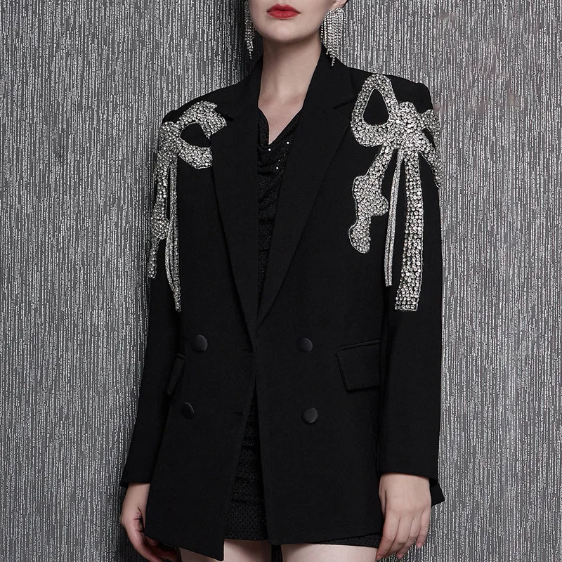 

Butterfly Diamonds Beading Blazer Suit Women Spring Summer Double Breasted Pockets Black White Office Blazer Jacket