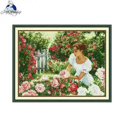 Joy Sunday Cross Stitch Kits Garden Girl HD Pattern Aida 16CT 14CT 11CT DMC Threads DIY Hand Embroidery Kit Home Decor New Hot