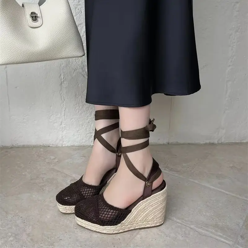 Ladies Summer Sandals Brown Wedges Heels For Woman Closed Shoes Cross Strappy Platform Sandals Chunky Heeled Beige Shoes - view 4