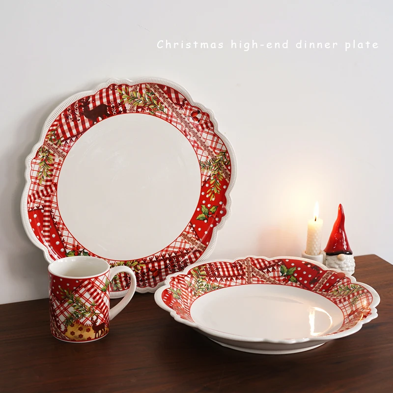 Red Christmas Ceramic Tableware,Red & White Christmas Patterns Ceramic Plates ,Hand-Stamped Holiday Design