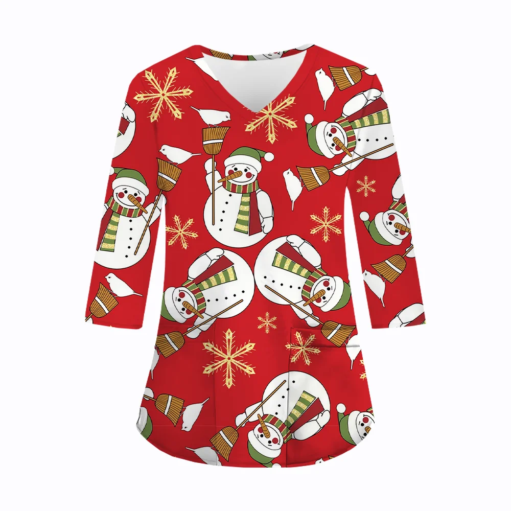 Uniformi mediche da donna Natale Cartoon Stampa Moda Scollo a V Dental Spa Infermiera Autunno Manica lunga Tasca applicata Uniformi chirurgiche