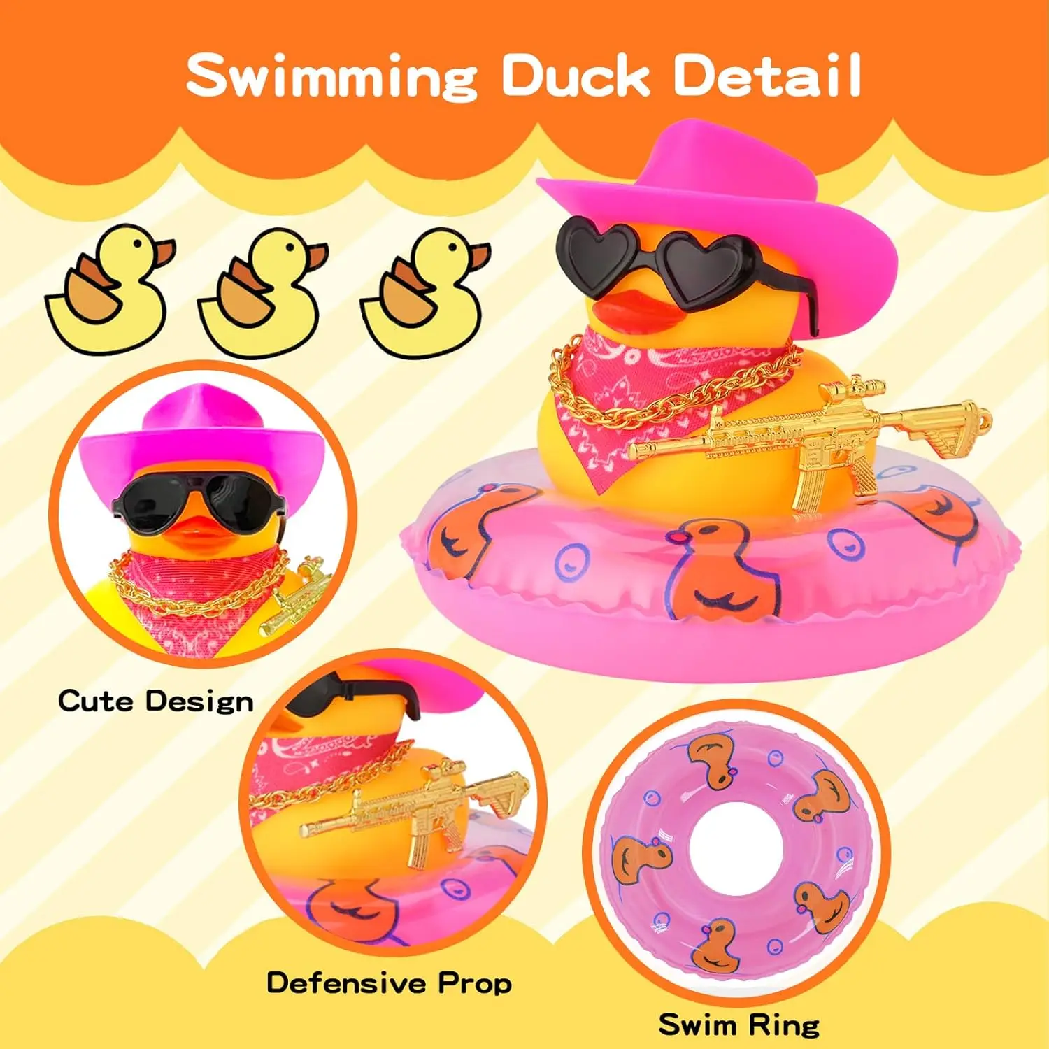 Rubber Duck with Weapon for Car Dashboard Decor, Squeaky Duck Toy Yellow Cowboy Ducks Car Ornament Fun Car Accessories