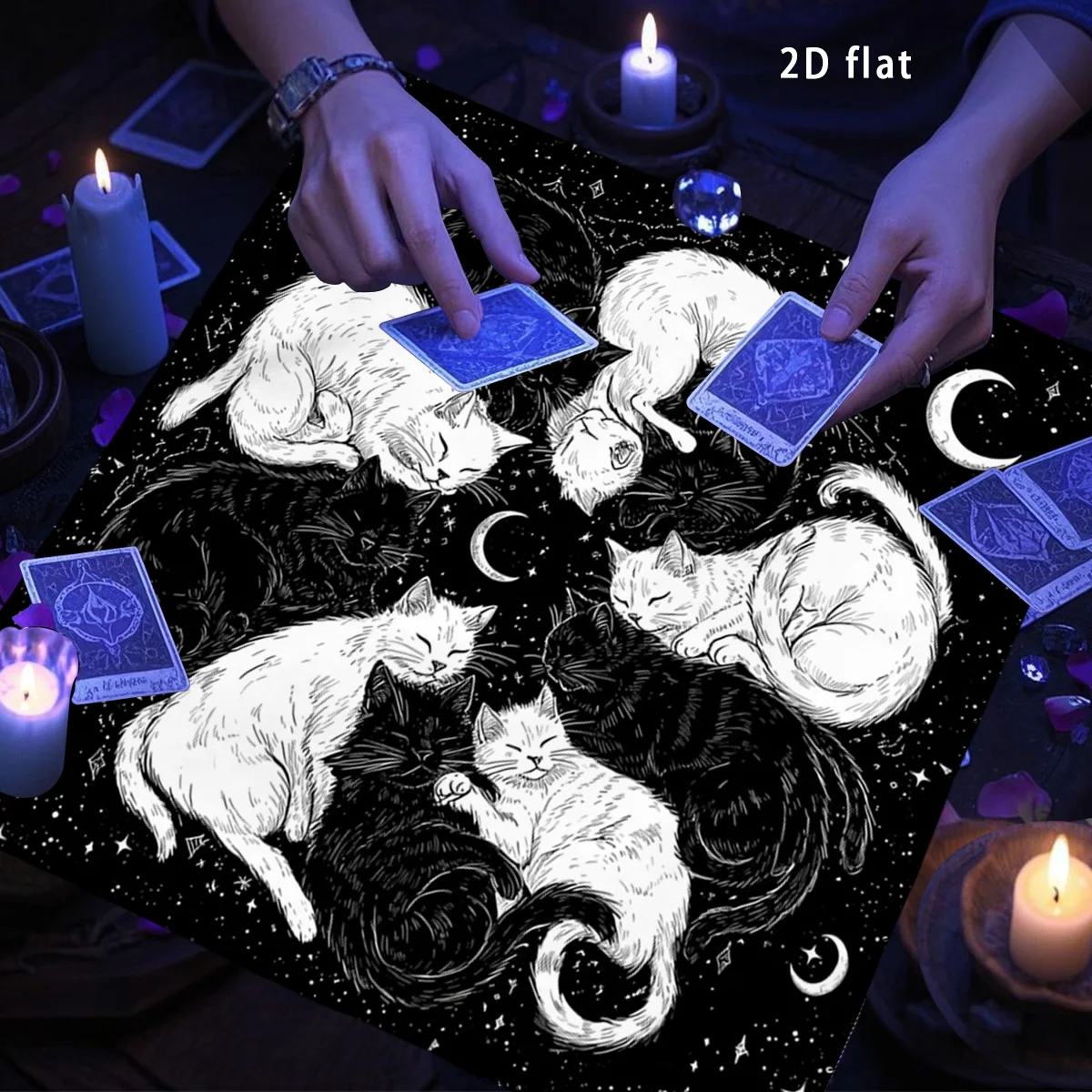 Black & White Cat Tarot Tablecloth Moon Phase & Starry sky Divination Cloth Dream Altar Cloth Card Pad Home Decor Art Poster - view 5